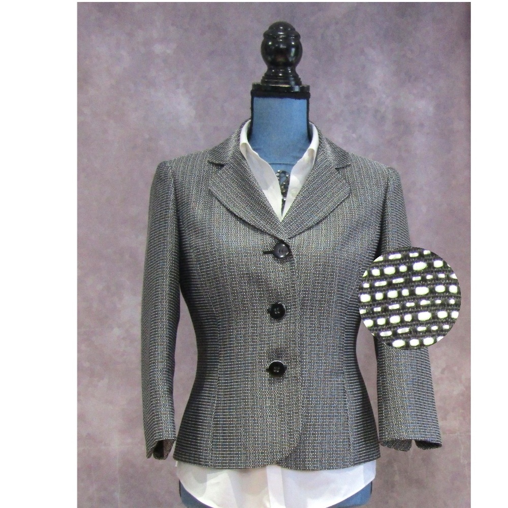 Le Suit Black & White Textured Blazer 3/4 Sleeves